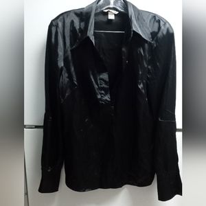 H & M Black Satin Tuxedo Tailored Formal Blouse - Vintage- Late 1970s Size: 12